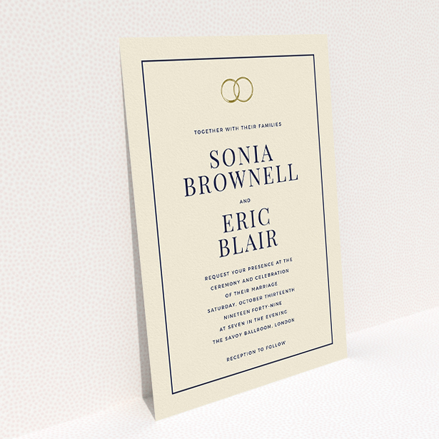 A wedding invite card design named "Wedding bands". It is an A5 invite in a portrait orientation. "Wedding bands" is available as a flat invite, with tones of cream and gold.