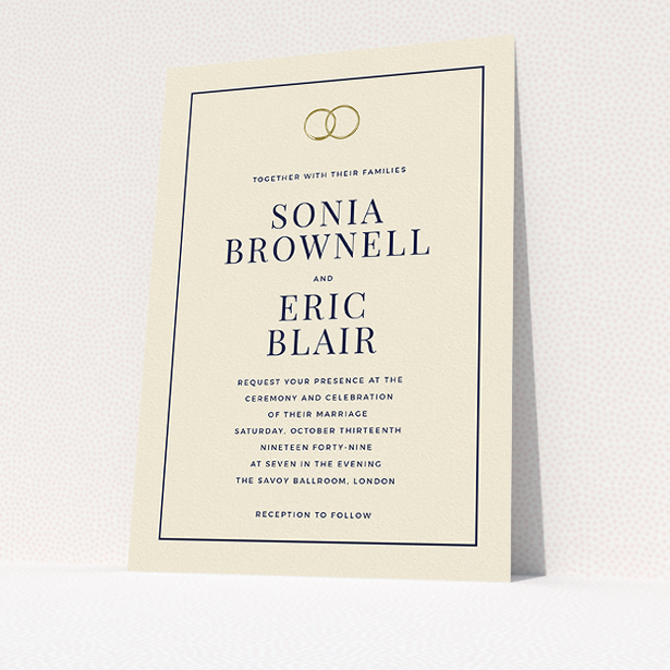 A wedding invite card design named "Wedding bands". It is an A5 invite in a portrait orientation. "Wedding bands" is available as a flat invite, with tones of cream and gold.