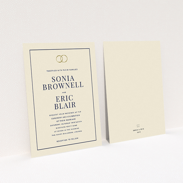 A wedding invite card design named "Wedding bands". It is an A5 invite in a portrait orientation. "Wedding bands" is available as a flat invite, with tones of cream and gold.