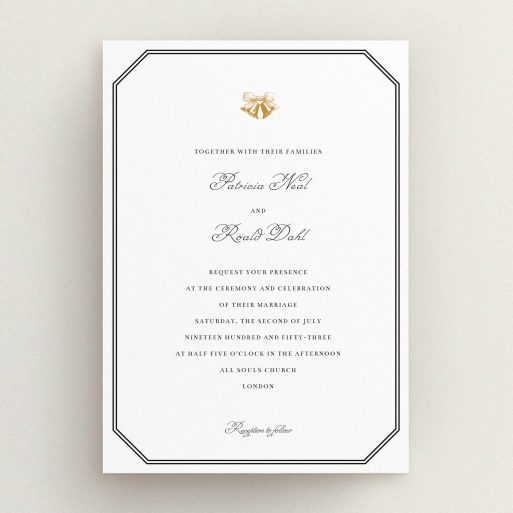 A wedding invite card called "Wedding bells". It is an A5 invite in a portrait orientation. "Wedding bells" is available as a flat invite, with tones of black and white.