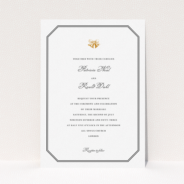 A wedding invite card called "Wedding bells". It is an A5 invite in a portrait orientation. "Wedding bells" is available as a flat invite, with tones of black and white.