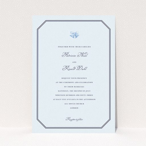 A wedding invite card design named "Wedding bells". It is an A5 invite in a portrait orientation. "Wedding bells" is available as a flat invite, with mainly blue colouring.