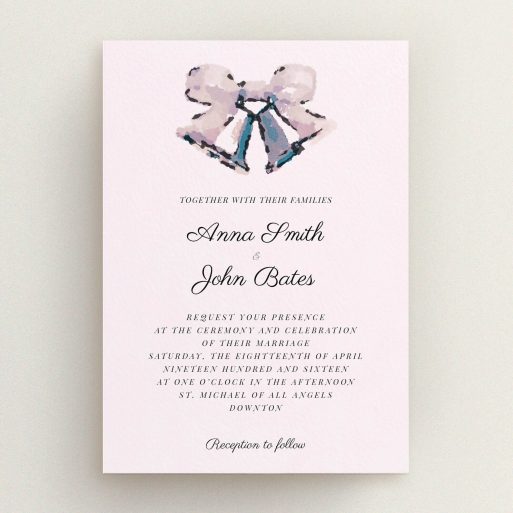 A wedding invite card called "Wedding bells". It is an A5 invite in a portrait orientation. "Wedding bells" is available as a flat invite, with tones of pink and light grey.