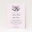 A wedding invite card called "Wedding bells". It is an A5 invite in a portrait orientation. "Wedding bells" is available as a flat invite, with tones of pink and light grey.