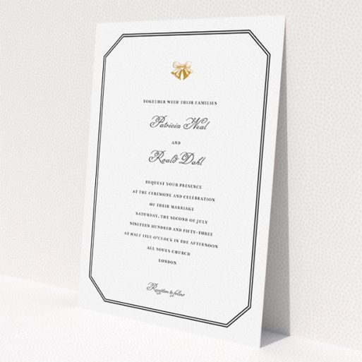 A wedding invite card called 'Wedding bells'. It is an A5 invite in a portrait orientation. 'Wedding bells' is available as a flat invite, with tones of black and white.