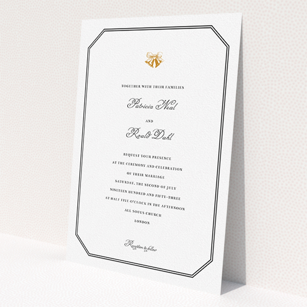A wedding invite card called 'Wedding bells'. It is an A5 invite in a portrait orientation. 'Wedding bells' is available as a flat invite, with tones of black and white.