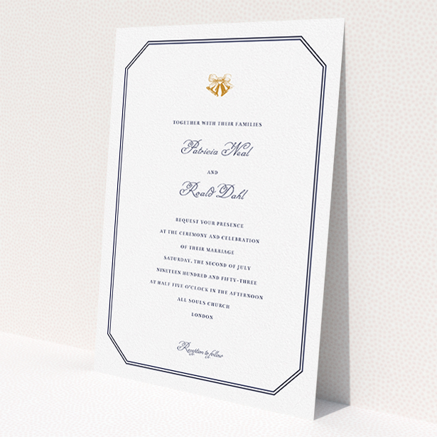 A wedding invite card named "Wedding bells". It is an A5 invite in a portrait orientation. "Wedding bells" is available as a flat invite, with tones of navy blue and white.
