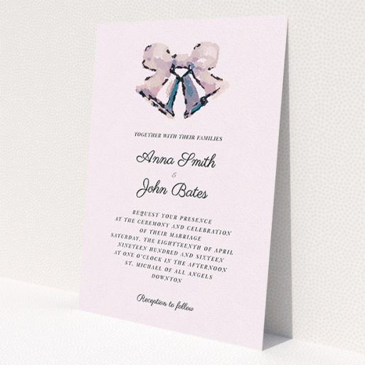 A wedding invite card called 'Wedding bells'. It is an A5 invite in a portrait orientation. 'Wedding bells' is available as a flat invite, with tones of pink and light grey.