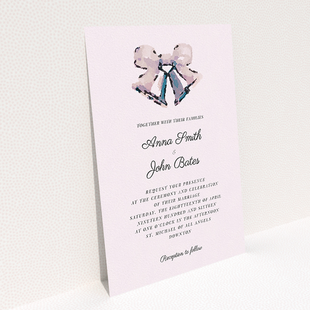 A wedding invite card called "Wedding bells". It is an A5 invite in a portrait orientation. "Wedding bells" is available as a flat invite, with tones of pink and light grey.
