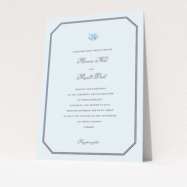 A wedding invite card design named "Wedding bells". It is an A5 invite in a portrait orientation. "Wedding bells" is available as a flat invite, with mainly blue colouring.