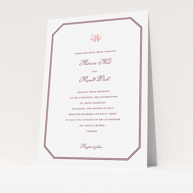 A wedding invite card design called "Wedding bells". It is an A5 invite in a portrait orientation. "Wedding bells" is available as a flat invite, with tones of white and burgundy.