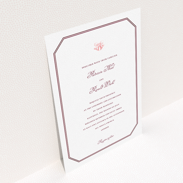 A wedding invite card design called "Wedding bells". It is an A5 invite in a portrait orientation. "Wedding bells" is available as a flat invite, with tones of white and burgundy.