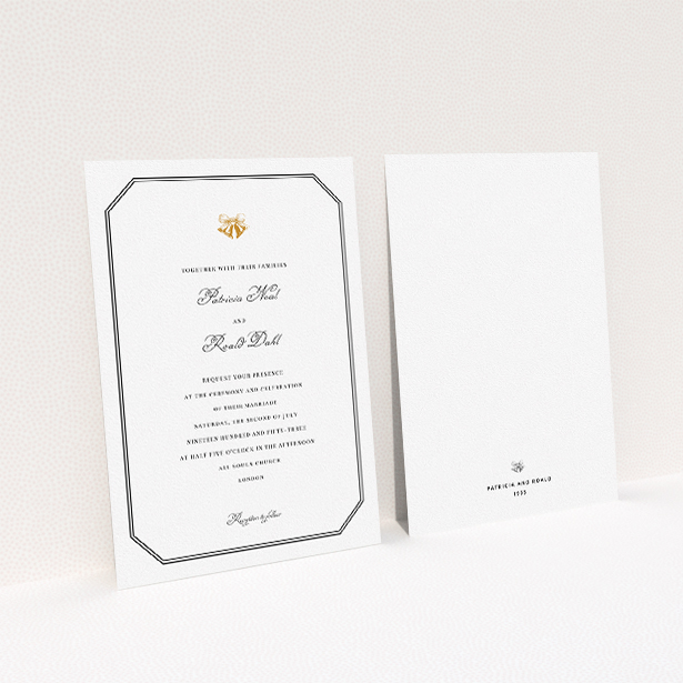 A wedding invite card called "Wedding bells". It is an A5 invite in a portrait orientation. "Wedding bells" is available as a flat invite, with tones of black and white.
