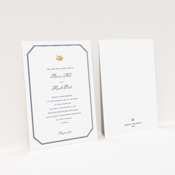 A wedding invite card named "Wedding bells". It is an A5 invite in a portrait orientation. "Wedding bells" is available as a flat invite, with tones of navy blue and white.