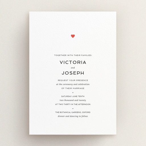 A wedding invite card design named "What it comes down to". It is an A5 invite in a portrait orientation. "What it comes down to" is available as a flat invite, with tones of white and red.