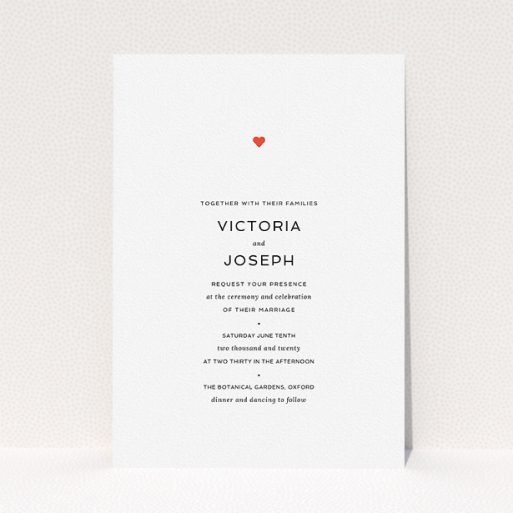 A wedding invite card design named "What it comes down to". It is an A5 invite in a portrait orientation. "What it comes down to" is available as a flat invite, with tones of white and red.