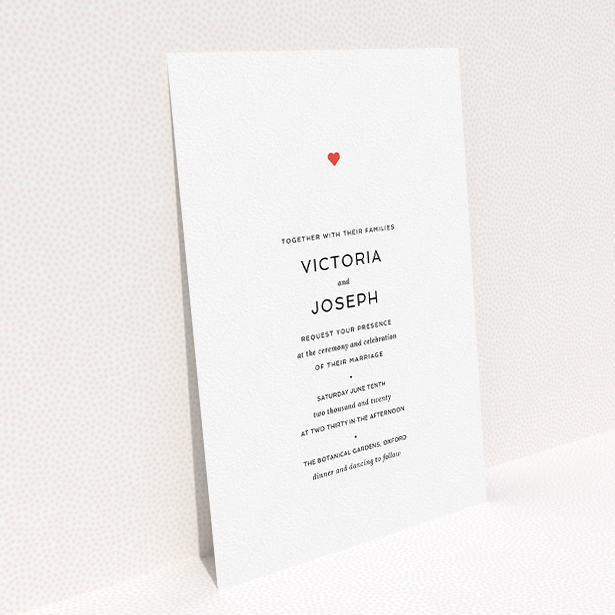A wedding invite card design named "What it comes down to". It is an A5 invite in a portrait orientation. "What it comes down to" is available as a flat invite, with tones of white and red.