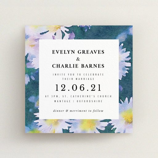 A wedding invite card template titled "White Daisies". It is a square (148mm x 148mm) invite in a square orientation. "White Daisies" is available as a flat invite, with tones of deep green, white and yellow.