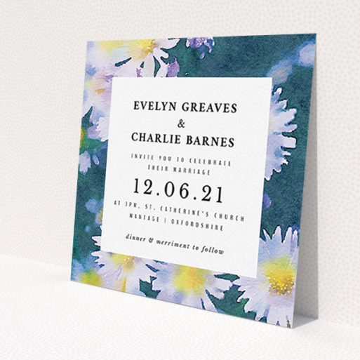 A wedding invite card template titled 'White Daisies'. It is a square (148mm x 148mm) invite in a square orientation. 'White Daisies' is available as a flat invite, with tones of deep green, white and yellow.