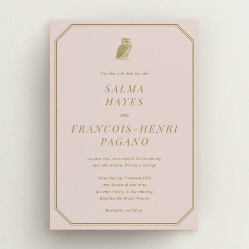 A wedding invite card called "Wise old owl". It is an A5 invite in a portrait orientation. "Wise old owl" is available as a flat invite, with mainly dark cream colouring.