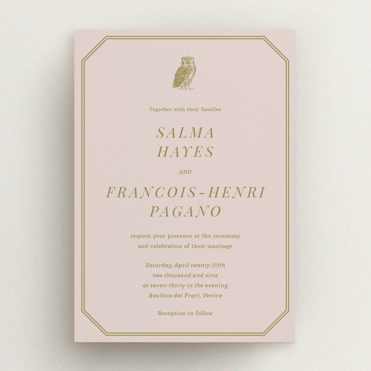 A wedding invite card called "Wise old owl". It is an A5 invite in a portrait orientation. "Wise old owl" is available as a flat invite, with mainly dark cream colouring.