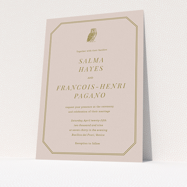 A wedding invite card called "Wise old owl". It is an A5 invite in a portrait orientation. "Wise old owl" is available as a flat invite, with mainly dark cream colouring.