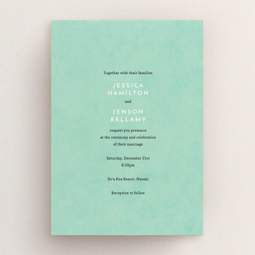A wedding invite card design named "Worn Green". It is an A5 invite in a portrait orientation. "Worn Green" is available as a flat invite, with tones of green and white.