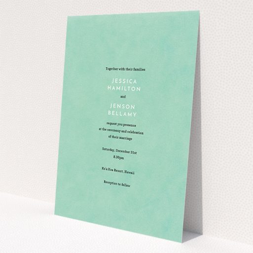 A wedding invite card design named 'Worn Green'. It is an A5 invite in a portrait orientation. 'Worn Green' is available as a flat invite, with tones of green and white.