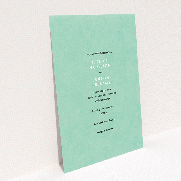 A wedding invite card design named "Worn Green". It is an A5 invite in a portrait orientation. "Worn Green" is available as a flat invite, with tones of green and white.