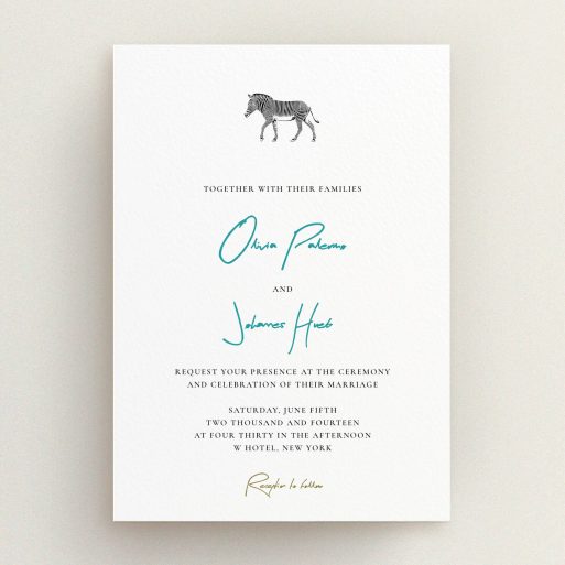 A wedding invite card design named "Zebra crossing". It is an A5 invite in a portrait orientation. "Zebra crossing" is available as a flat invite, with tones of white and blue.