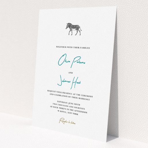 A wedding invite card design named 'Zebra crossing'. It is an A5 invite in a portrait orientation. 'Zebra crossing' is available as a flat invite, with tones of white and blue.