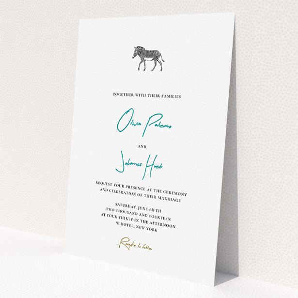 A wedding invite card design named "Zebra crossing". It is an A5 invite in a portrait orientation. "Zebra crossing" is available as a flat invite, with tones of white and blue.
