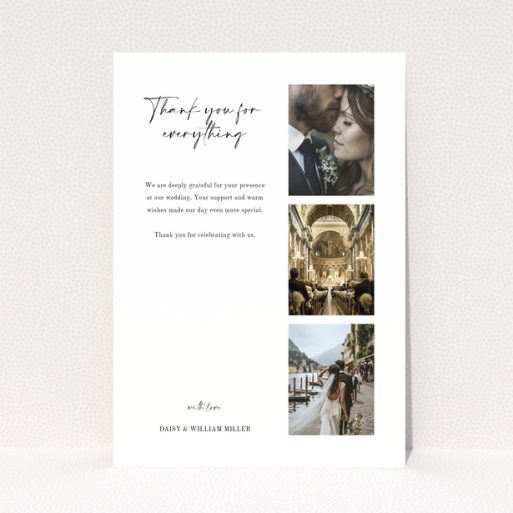 Wedding thank you card with three photos of a couple and a church ceremony.