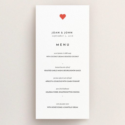 A wedding menu card design named "A little heart". It is a tall (DL) menu in a portrait orientation. "A little heart" is available as a flat menu, with tones of white and red.