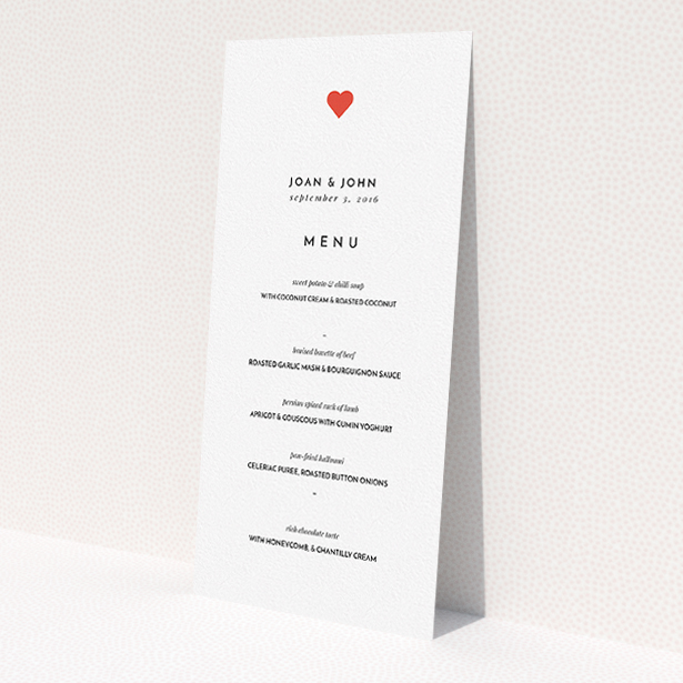 A wedding menu card design named "A little heart". It is a tall (DL) menu in a portrait orientation. "A little heart" is available as a flat menu, with tones of white and red.