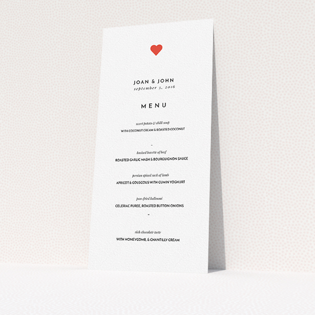 A wedding menu card design named "A little heart". It is a tall (DL) menu in a portrait orientation. "A little heart" is available as a flat menu, with tones of white and red.