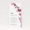 A wedding menu card design called "A side of Blossom". It is a tall (DL) menu in a portrait orientation. "A side of Blossom" is available as a flat menu, with tones of pink and white.