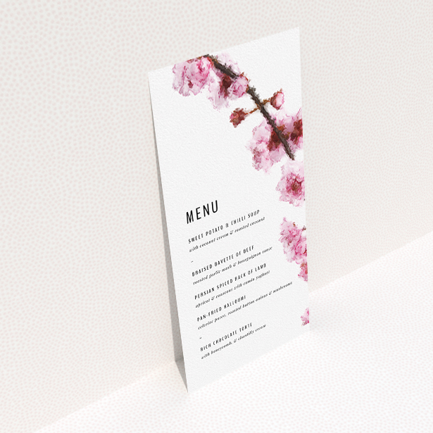 A wedding menu card design called "A side of Blossom". It is a tall (DL) menu in a portrait orientation. "A side of Blossom" is available as a flat menu, with tones of pink and white.