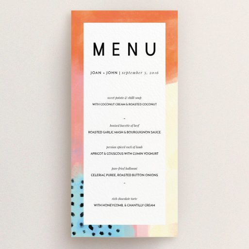 Wedding Menu Card Design - "Abstract Colours" A wedding menu card template titled "Abstract Colours". It is a tall (DL) menu in a portrait orientation. "Abstract Colours" is available as a flat menu, with tones of orange, light blue and salmon pink.