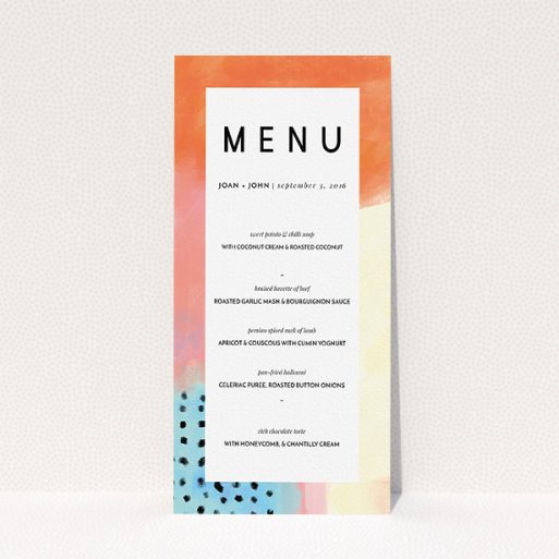 A wedding menu card template titled "Abstract Colours". It is a tall (DL) menu in a portrait orientation. "Abstract Colours" is available as a flat menu, with tones of orange, light blue and salmon pink.