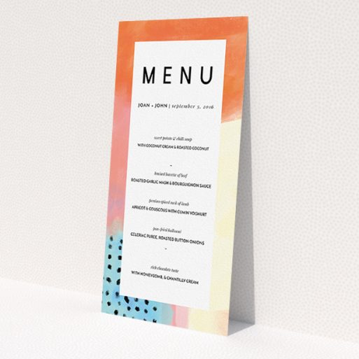 A wedding menu card template titled 'Abstract Colours'. It is a tall (DL) menu in a portrait orientation. 'Abstract Colours' is available as a flat menu, with tones of orange, light blue and salmon pink.