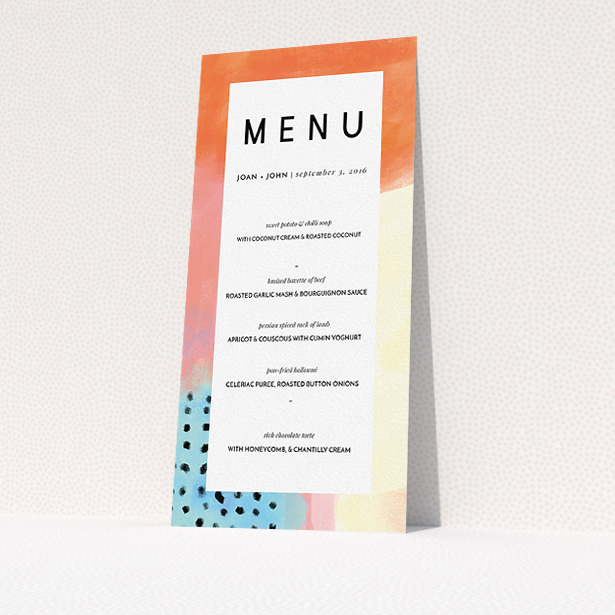 A wedding menu card template titled "Abstract Colours". It is a tall (DL) menu in a portrait orientation. "Abstract Colours" is available as a flat menu, with tones of orange, light blue and salmon pink.
