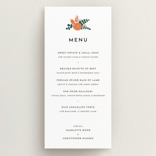 Wedding Menu Card Design - "Abstract Summer Bouquet" A wedding menu card design called "Abstract Summer Bouquet". It is a tall (DL) menu in a portrait orientation. "Abstract Summer Bouquet" is available as a flat menu, with tones of white and green.