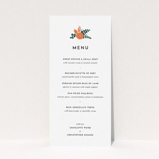 A wedding menu card design called "Abstract Summer Bouquet". It is a tall (DL) menu in a portrait orientation. "Abstract Summer Bouquet" is available as a flat menu, with tones of white and green.