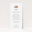 A wedding menu card design called "Abstract Summer Bouquet". It is a tall (DL) menu in a portrait orientation. "Abstract Summer Bouquet" is available as a flat menu, with tones of white and green.