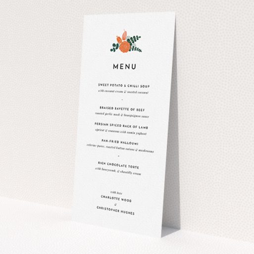 A wedding menu card design called 'Abstract Summer Bouquet'. It is a tall (DL) menu in a portrait orientation. 'Abstract Summer Bouquet' is available as a flat menu, with tones of white and green.