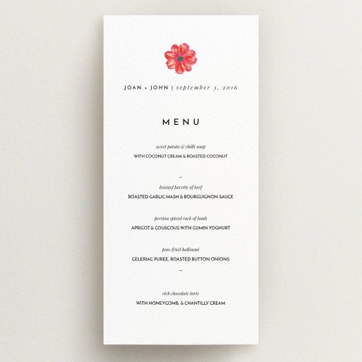 Wedding Menu Card Design - "Acrylic Daisy" A wedding menu card template titled "Acrylic Daisy". It is a tall (DL) menu in a portrait orientation. "Acrylic Daisy" is available as a flat menu, with tones of white and red.