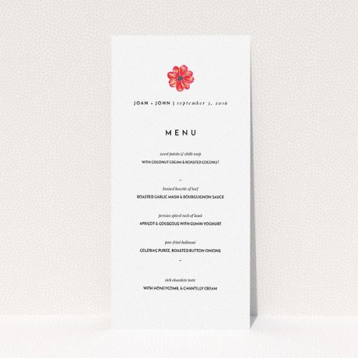 A wedding menu card template titled "Acrylic Daisy". It is a tall (DL) menu in a portrait orientation. "Acrylic Daisy" is available as a flat menu, with tones of white and red.