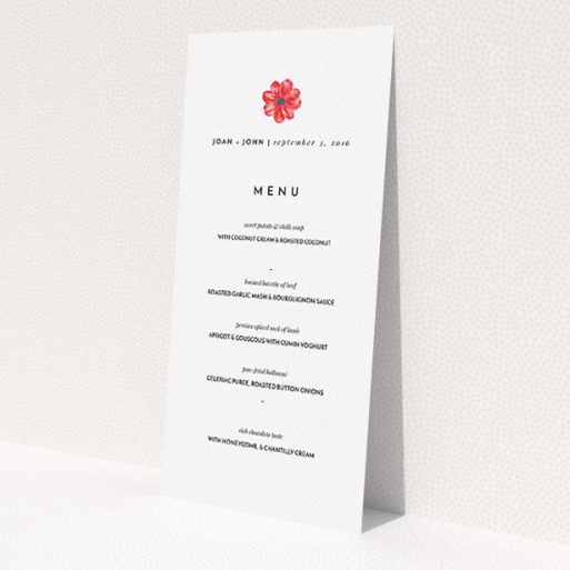 A wedding menu card template titled 'Acrylic Daisy'. It is a tall (DL) menu in a portrait orientation. 'Acrylic Daisy' is available as a flat menu, with tones of white and red.
