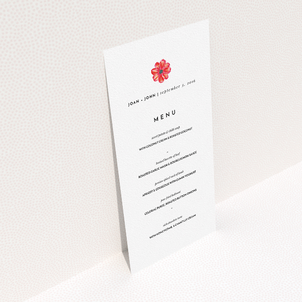 A wedding menu card template titled "Acrylic Daisy". It is a tall (DL) menu in a portrait orientation. "Acrylic Daisy" is available as a flat menu, with tones of white and red.